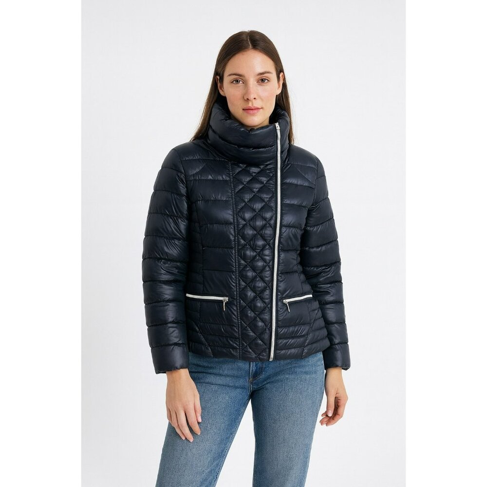 Laundry By Shelli Segal Womens Navy Quilted Down Jacket Size S With Asymmetrical